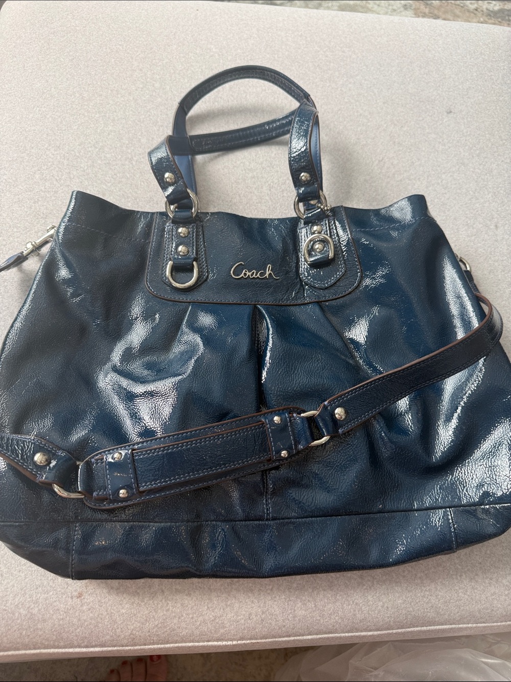 Coach Navy Patent Leather Tote with Shoulder Strap